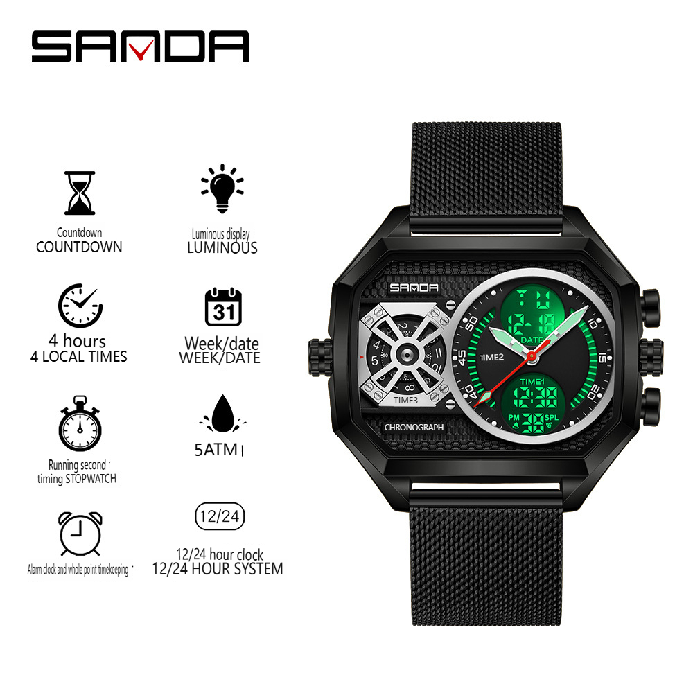 Stainless Mesh Band - Fashion Sanda Dual Display Men's Square